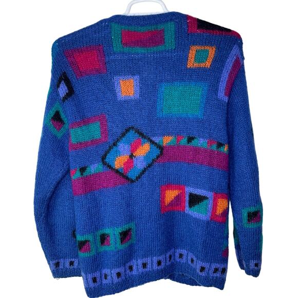 Vintage LL Bean Women's Medium Sweater Cardigan Wool Mohair Geometric Blue 90s - Picture 2 of 5